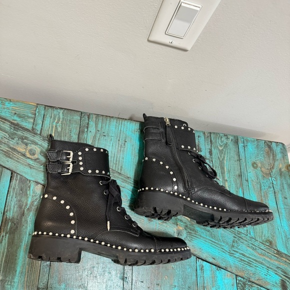Sam Edelman Jennifer Black Leather Studded Moto Combat Boots Size 9 - Picture 4 of 14
